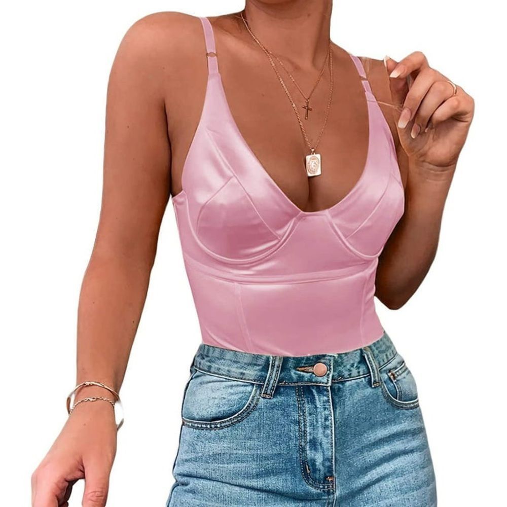 Women's Sexy Deep V Neck Shiny Thong Bodysuit Tank Top with Underwire